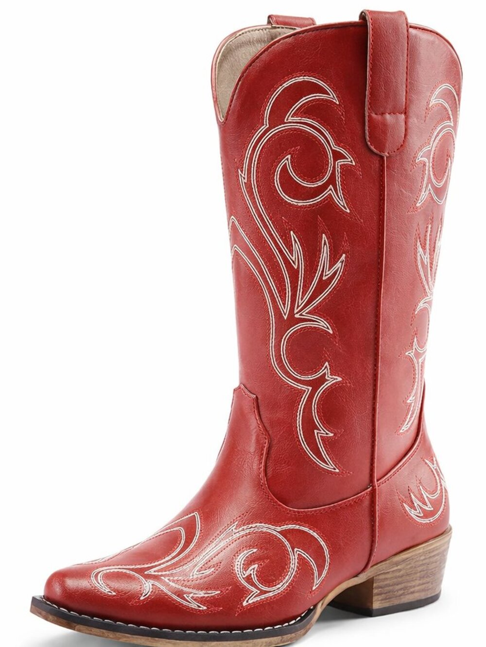 Women's Red Faux Leather Cowgirl Boots Square Toe Chunky Heel Stitched Boots
